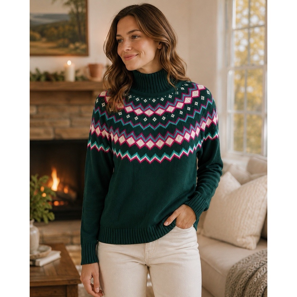 J Crew S Fair Isle Green Turtleneck Sweater Green Pink Cotton Nordic Ski Winter